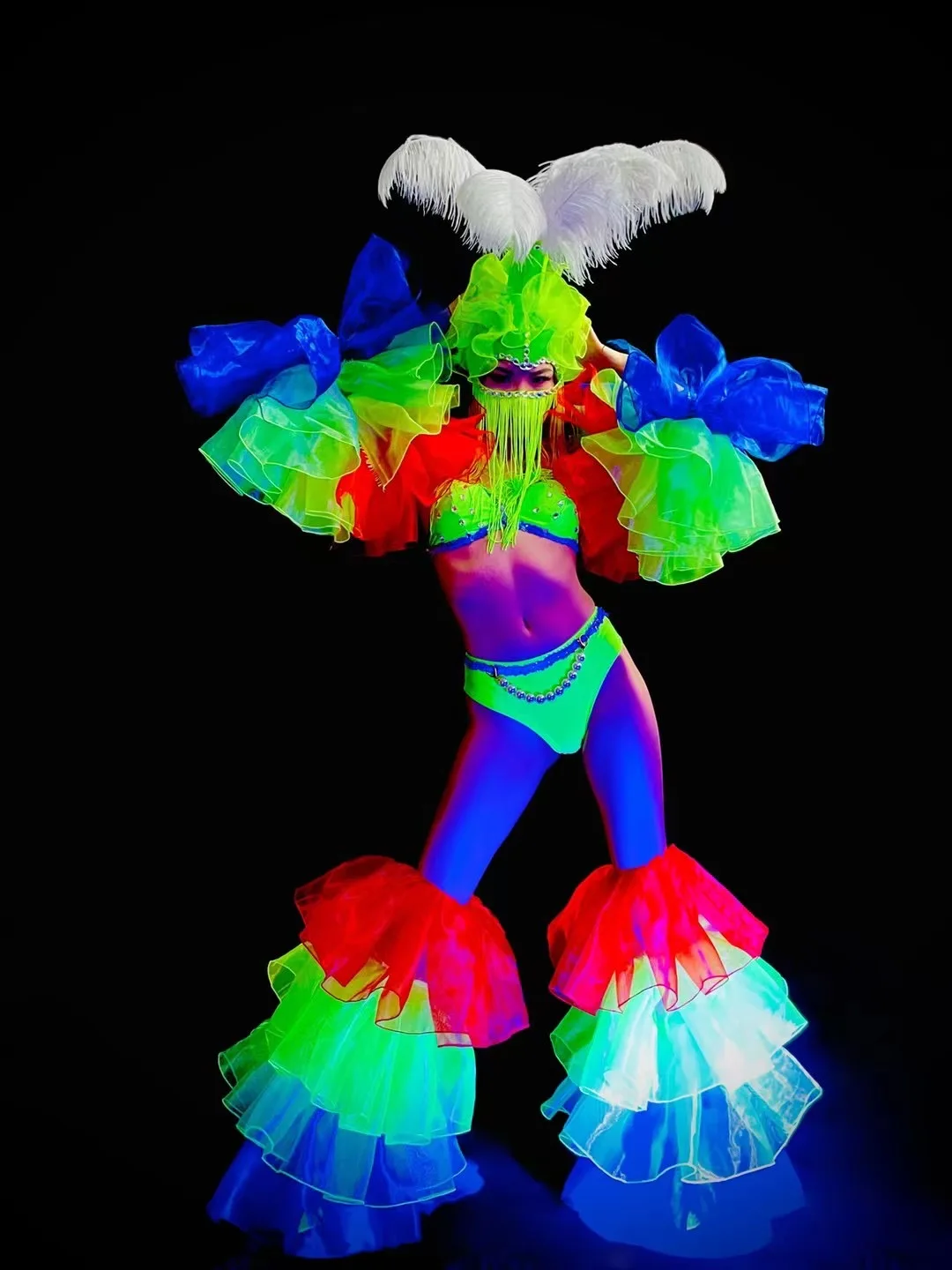 

Fluorescent Color Creative Feather Headdress Bikini Stage Costumes Nightclub Gogo Show Dancing Performance Clothing Suit