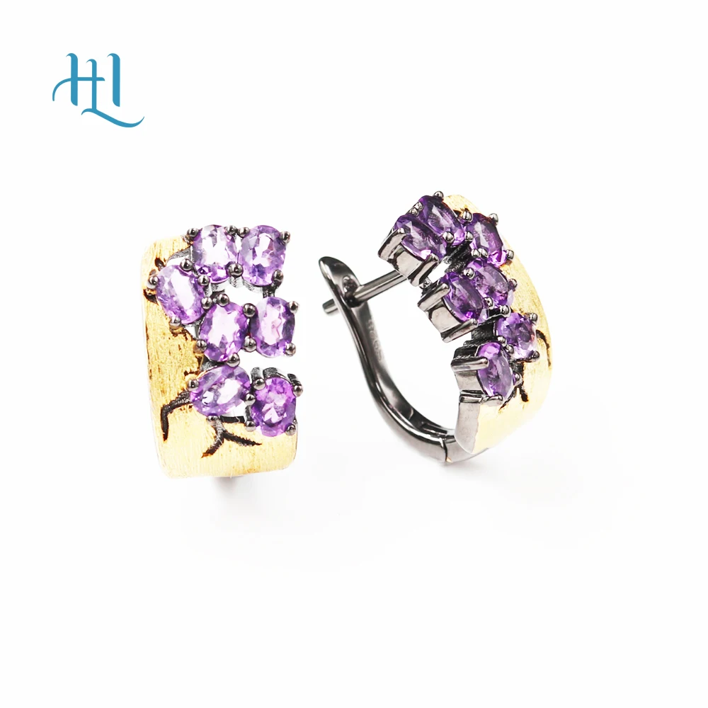 

Natural amethyst gemstone 925 Sterling Silver Vintage yellow black gold earrings Elegant Fine Jewelry Design Girl's Anniversary