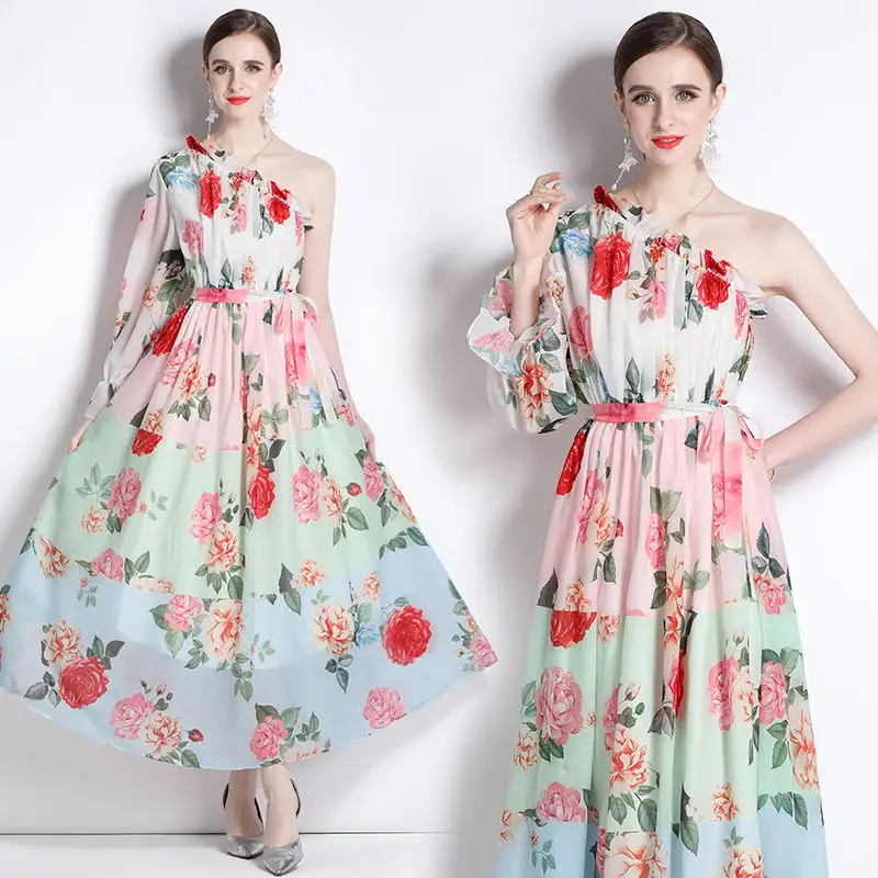 

Colorful Romantic Flower Printed Fairy Dresses For Holliday Sexy Shoulder Off Cascading Ruffle High Waist Bandage Corest Vestido