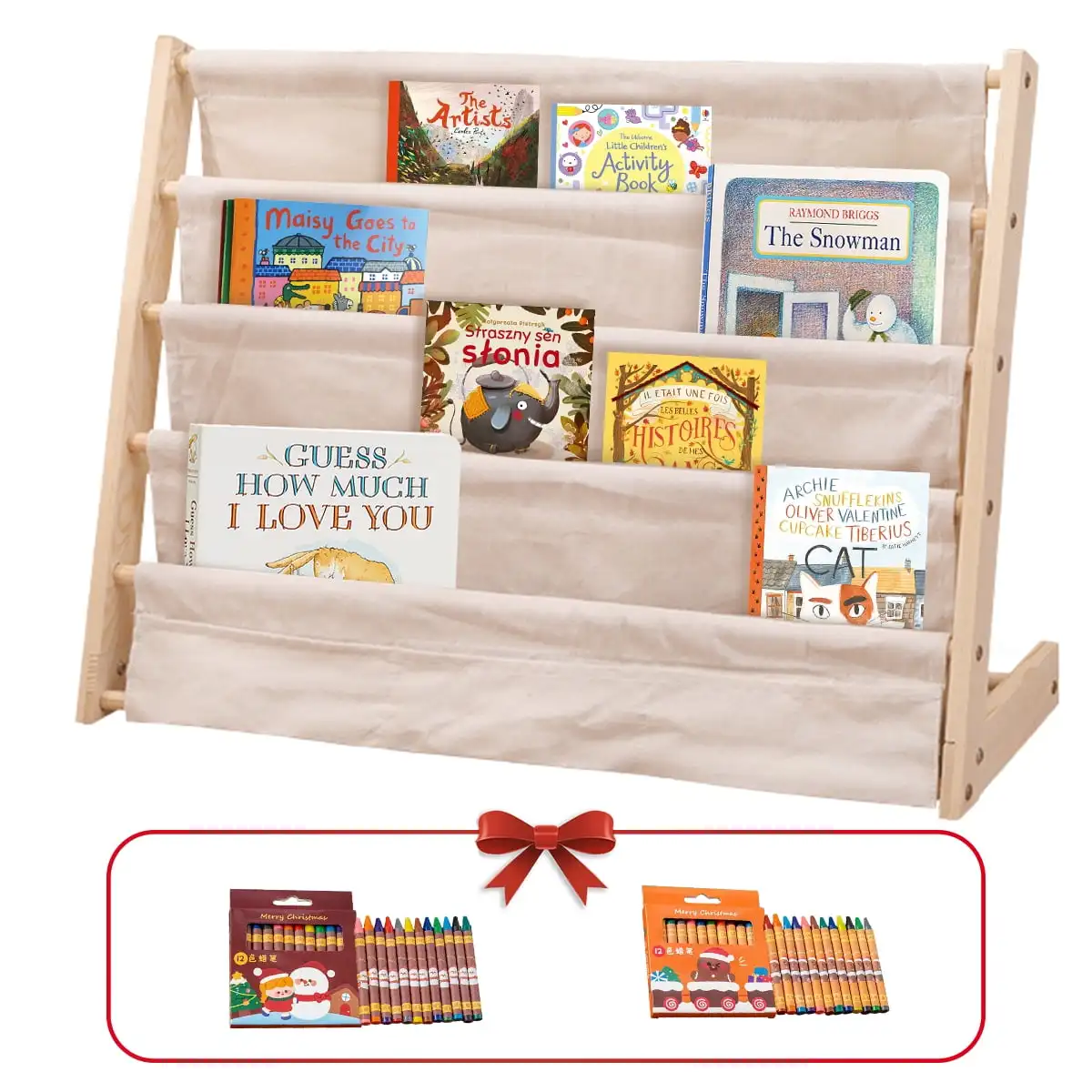 

Olizee 4 Tier Kids Bookshelf, Wood and Canvas Sling Children Bookshelf Furniture for Kids – Beige, Gift for Ages 3+