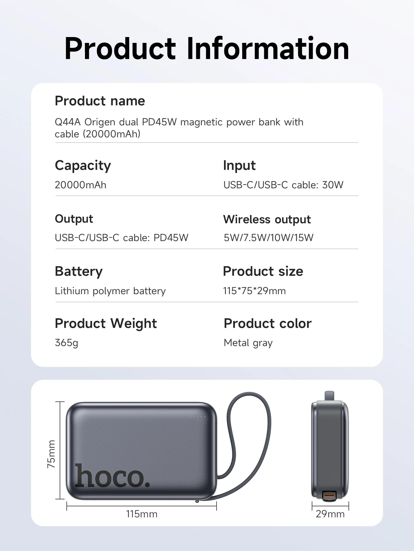 HOCO Q44A 20000mAh 45W Magnetic Wireless Power Bank with USB-C