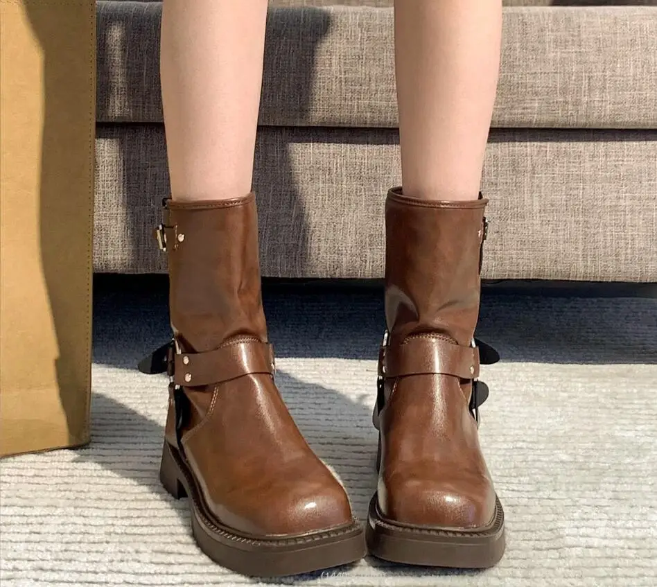 Autumn Winter Square Toe Woman Ankle Boots Fashion buckle Ladies Elegant Thick High Heel Short Boots Shoes Black Women's Boots