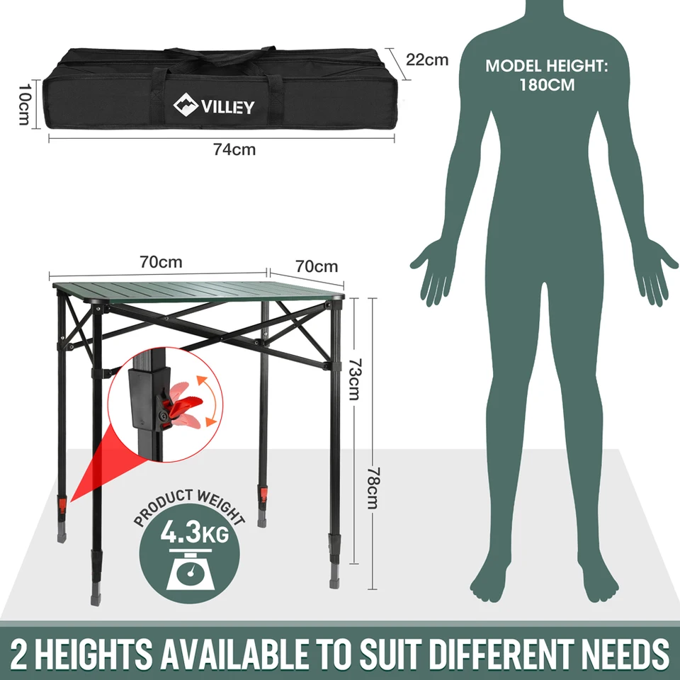 Villey-キャリーバッグ付きアルミニウム折りたたみ式スクエアテーブル