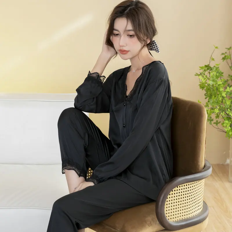 New Elegant Ladies Faux Silk Polyester lace Pajama Sets Sexy Homewear Women Casual Luxury Pajamas Thin Pajamas Female Sleepwear