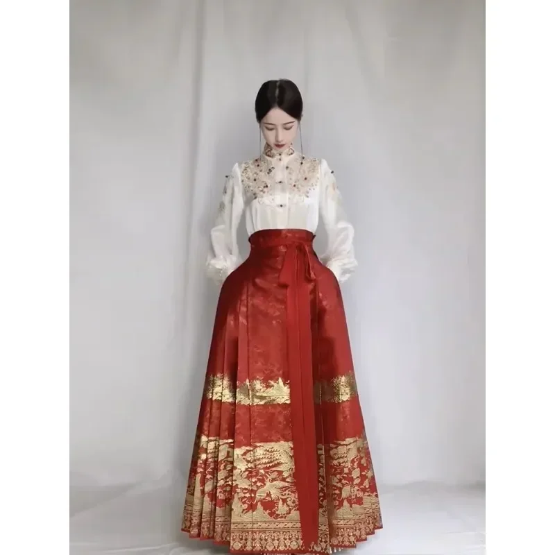 

Autumn Elegant Chinese Style Bridal Engagement Dress Toast Dress Stand Collar Top Horse Face Skirt Hanfu Dress Suit Vestidos