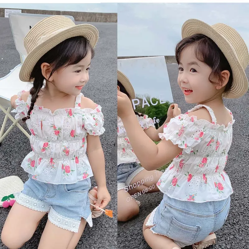 

Summer Girls Clothing Set Cute Broken Flower Short Sleeve + Lace Denim Shorts 2Pcs Suit For 3-8 Years Old Girls Clothes Outfit