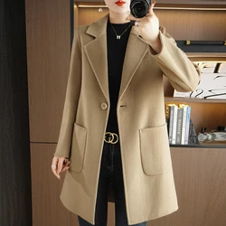CAIXINGLE Mid-Length Women's Coat Fall Winter Fashion 100% Pure Wool Woolen Coat Lapel Casual Suit Trendy New Top
