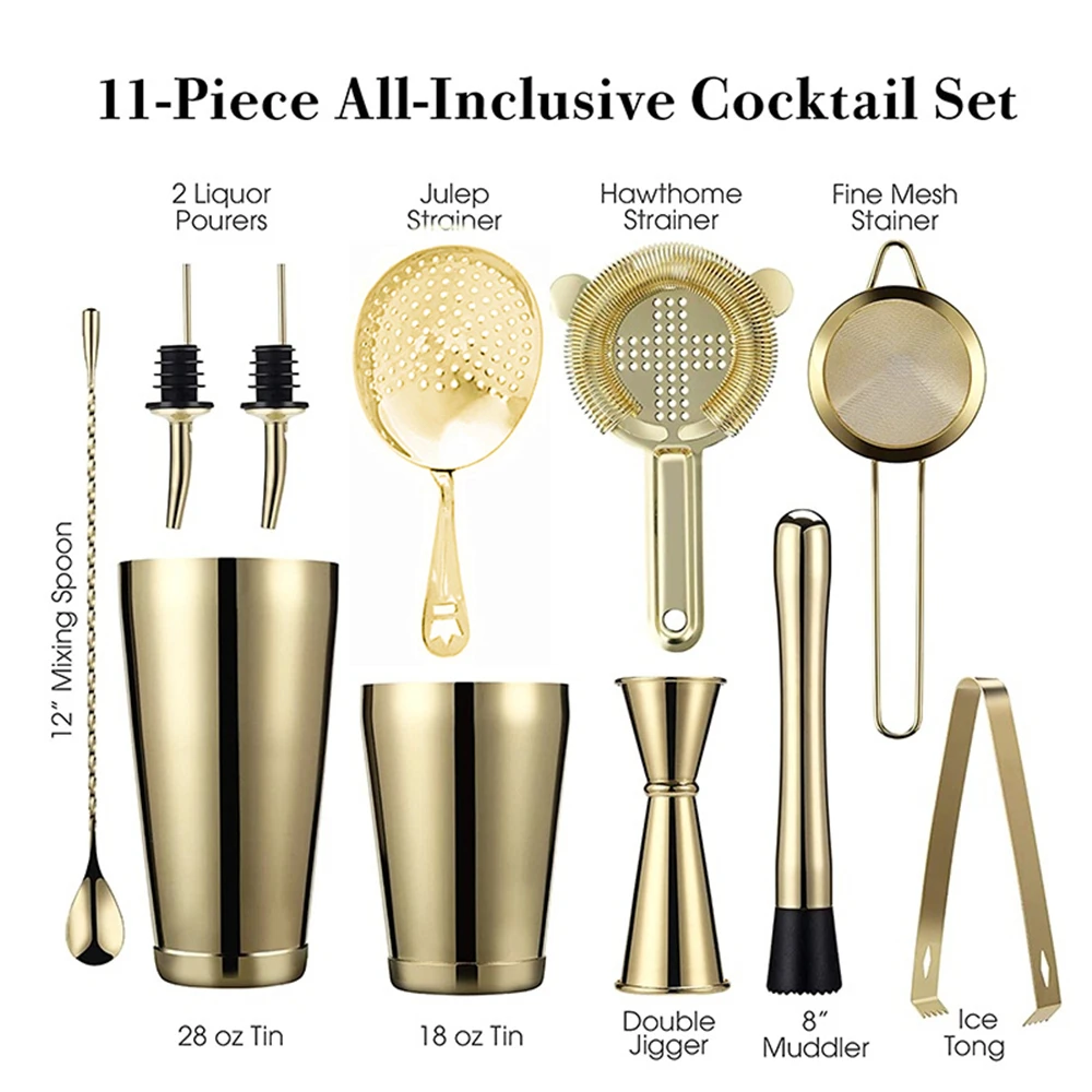 Set cocktail shaker bar: 2 shaker Boston ponderati, set colino da cocktail, jigger, trottomino e cucchiaio, pinza per ghiaccio e versatore da 2 bottiglie