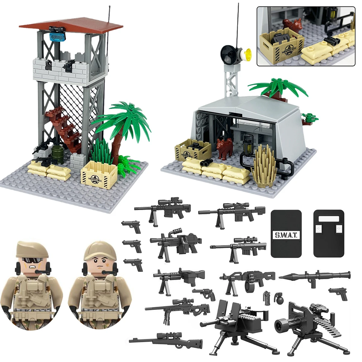 

Military Weapons Depot Watchtower Police Special Forces Gangster Soldiers Machine Guns SWAT Building Blocks Jeeps Car Toys