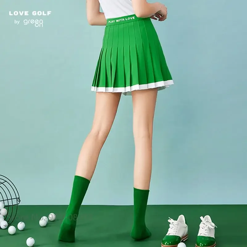 Love Golf Women Patchwork Golf Pleated Skirt Lady Anti-exposure Elastic Culottes A-line Slim Panskirts with Inner Shorts