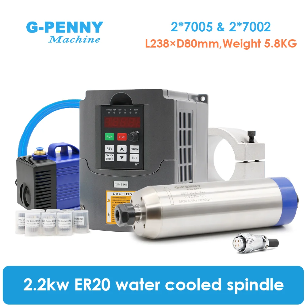 G-Penny 2,2KW ER20 Bullet Wassergekühlte Spindel 220V 380V 4 Keramiklager HY VFD 80 Klemmung Wasserpumpe CNC Fräsen Holz Stein Al