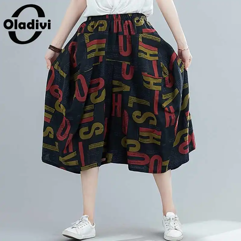 

Oladivi Oversized Fashion Print Wide Leg Loose Pants Summer Woman Cotton Linen Pant Large Casual Capri Big Size Trousers 4XL 5XL