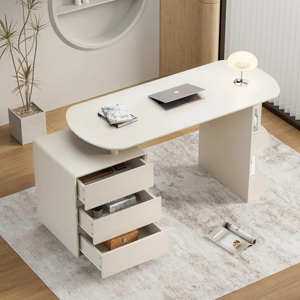55inch Computer Desk with Drawers and Storage Shelves, Modern Simple Style Laptop Desks, Home Office Writing Desk