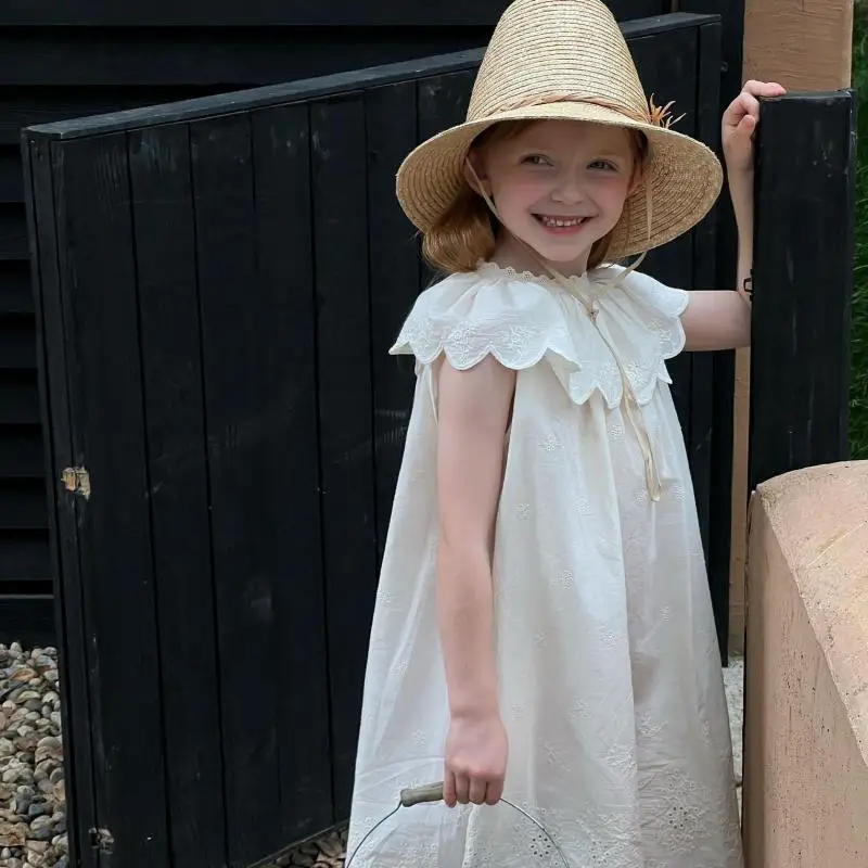 

Embroidery Children Girls Long Dresses Cotton Loose Lace Ruffle Collar Sleeveless Summer Casual Baby Kids Lolita Style Dress