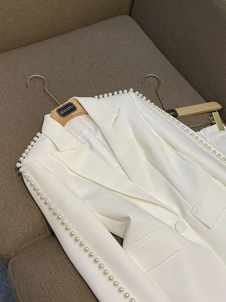 Spring Autumn Delicacy Beads Lady Office Suit Long Sleeve Single Button Blazer Flared Pants Women Solid 2Pcs 5