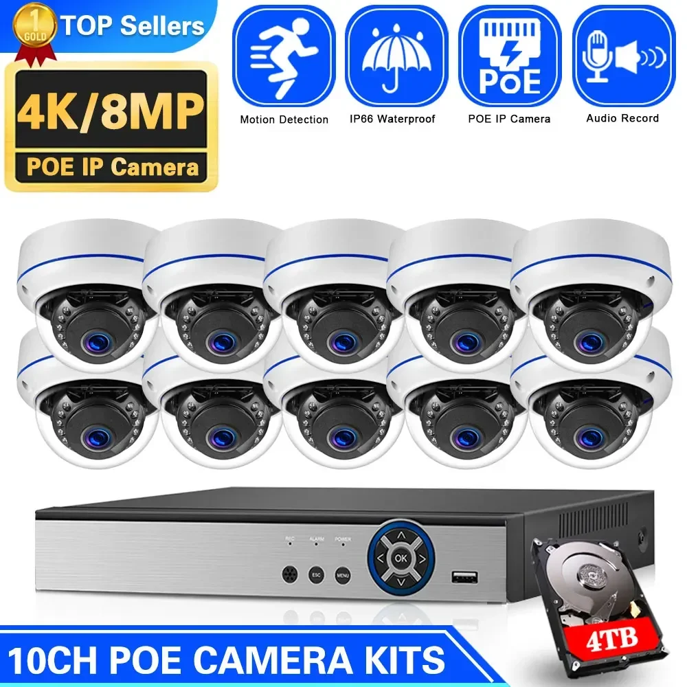 

4K POE Dome Camera Video Surveillance System Kit 8CH Outdoor Waterproof IP Security Camera System Set Home 8MP 10CH POE NVR Kit