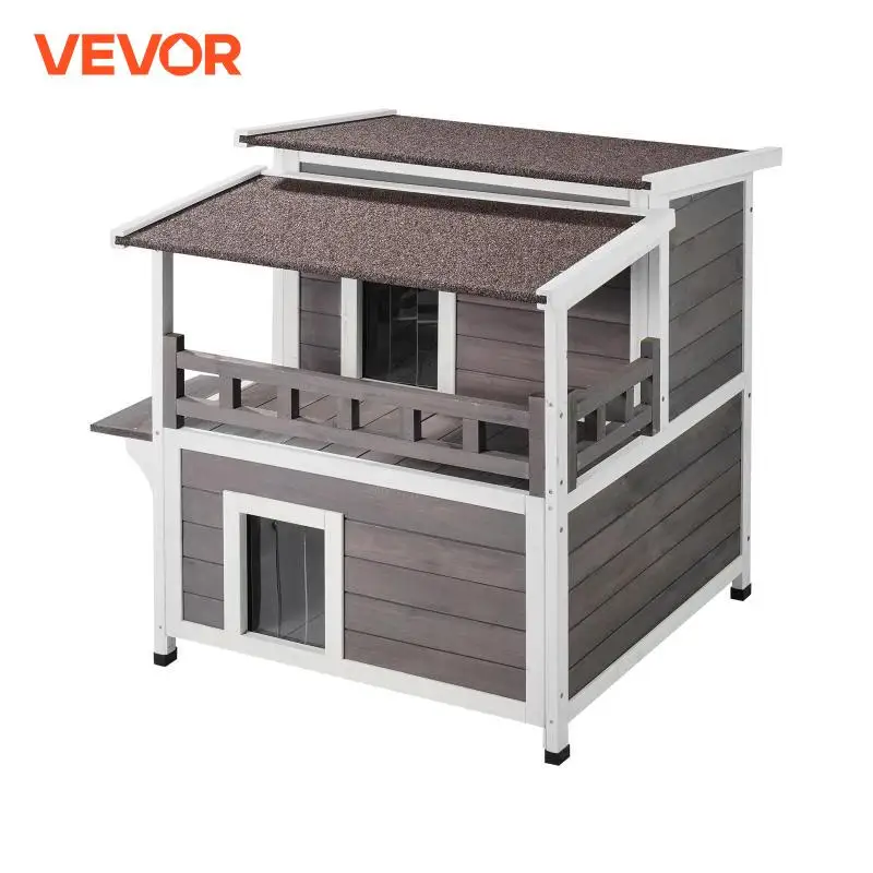 VEVOR Outdoor Cat House Weatherproof Feral Cat Shelter 2-story Large Outdoor Wooden House with Balcony Door and Open Roof