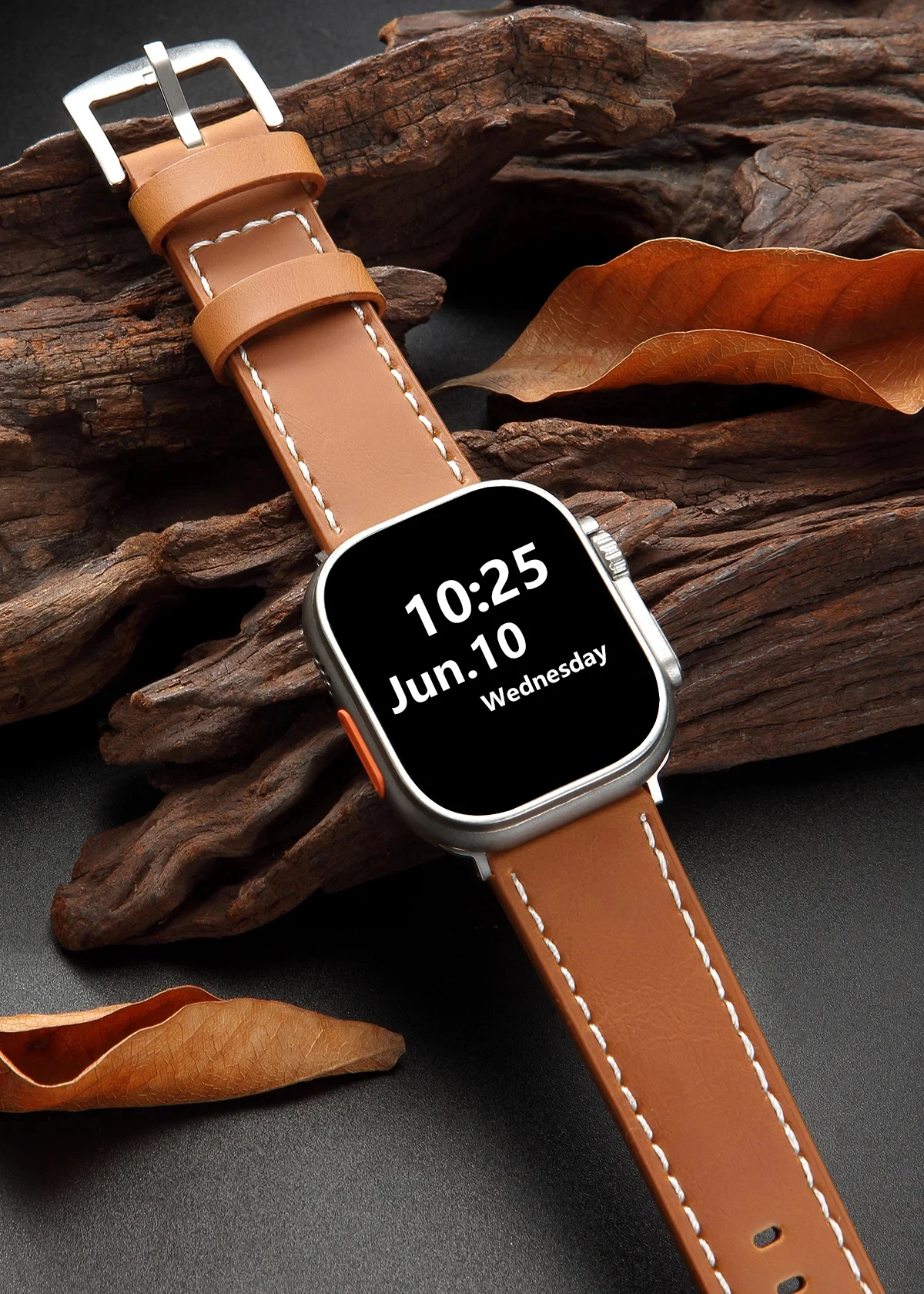 Elegant Leather Strap with Silver-Toned Stainless Steel Buckle and Tonal Stitching