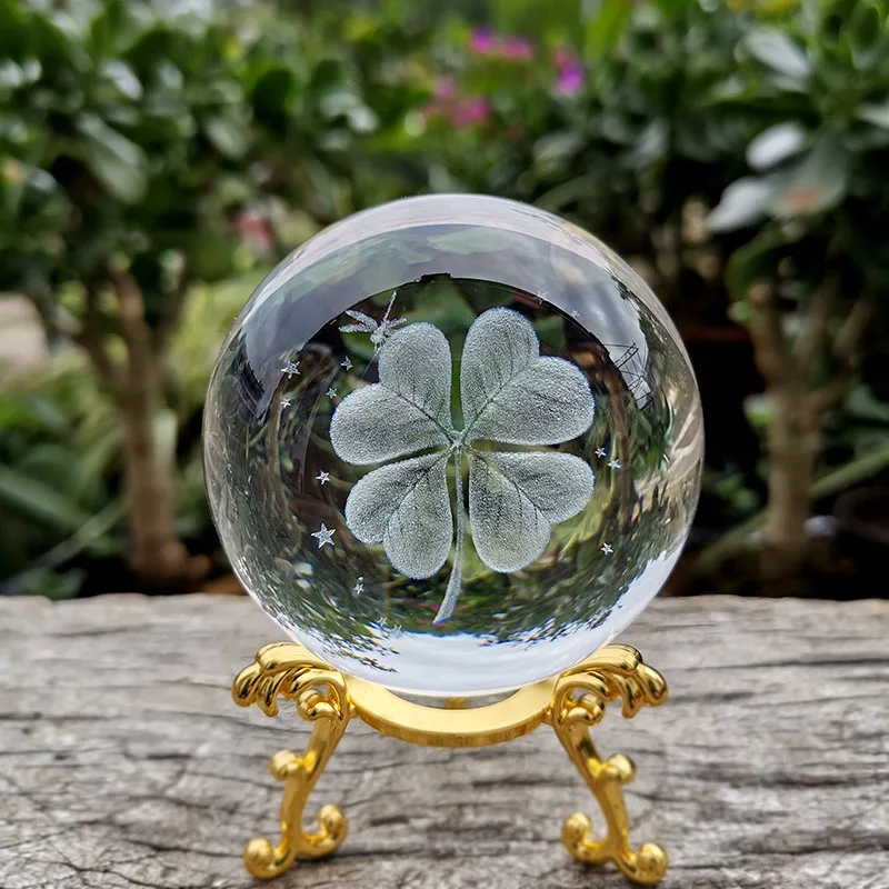 6CM Crystal Ball Four Leaf Clover Miniatures 3D Laser Engraved Glass Sphere Paperweight Home Decoration Ornaments Gifts Figurine