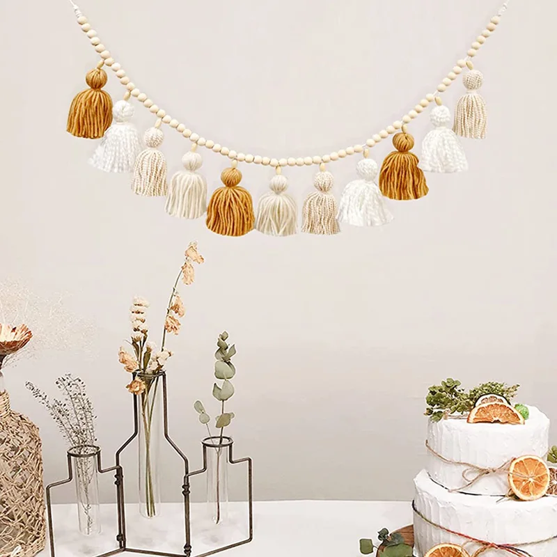 

Scandinavian Tassel Garland Wood Beads Macrame Banner Wall Hanging Children Nursery Room Decorations Baby Shower Birthday Party