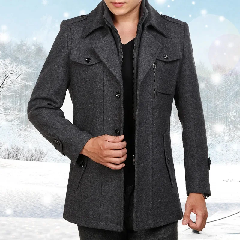 

2024 Winter Wool Coat Men Fashion Double Collar Thick Jacket Single Breasted Trench Casual Blends Overcoats