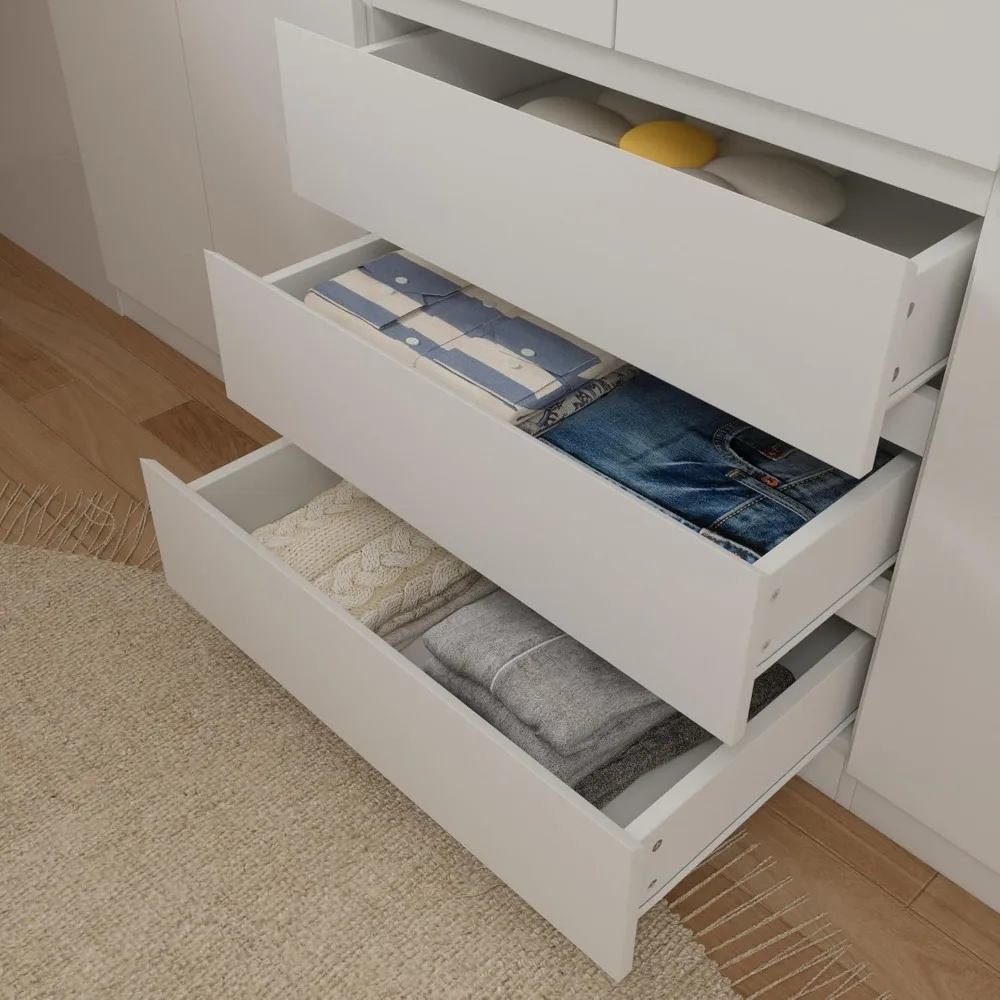Large Armoire Wardrobe Closet with Drawers and Shelves, White Bedroom Armoires with 6 Doors 2 Hanging Rods, Wooden Freestanding 5