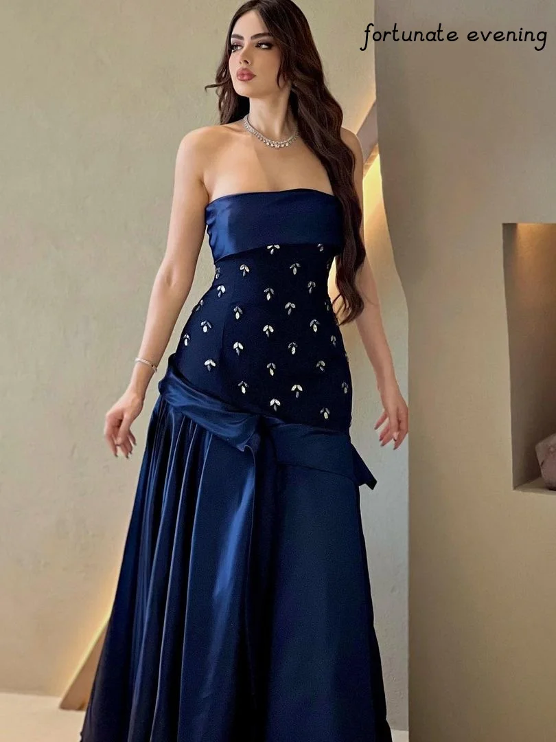 

Fortunate Evening Elegant Vintage Navy Blue Crystal Beading Ruffle Customize Formal Occasion Prom Dress Evening Party Gowns