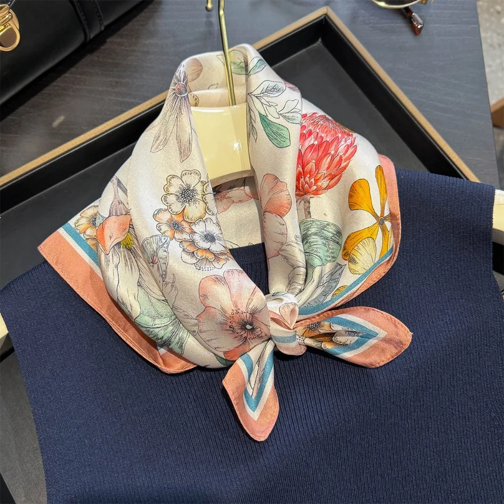 53cm Real Silk Nature Scarf Women Neckerchief Foulard Bandana Small Hairbands Fashion Floral Neck Ties for Office Lady New 3