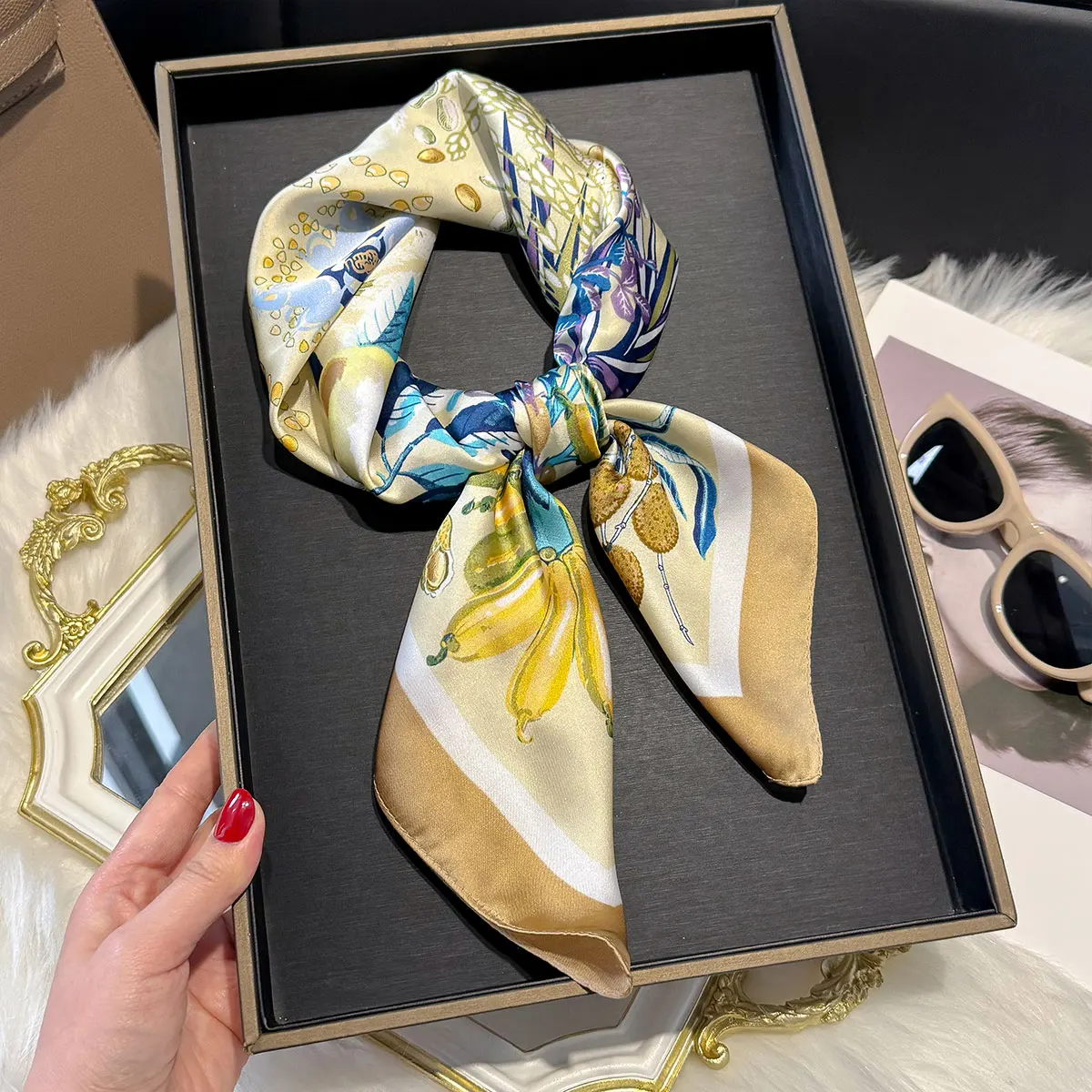 New Design Floral 70*70cm Silk Satin Hair Scarf Women Handkerchief Printed Female Square Head Bandana Small Neck Muffler Hijab