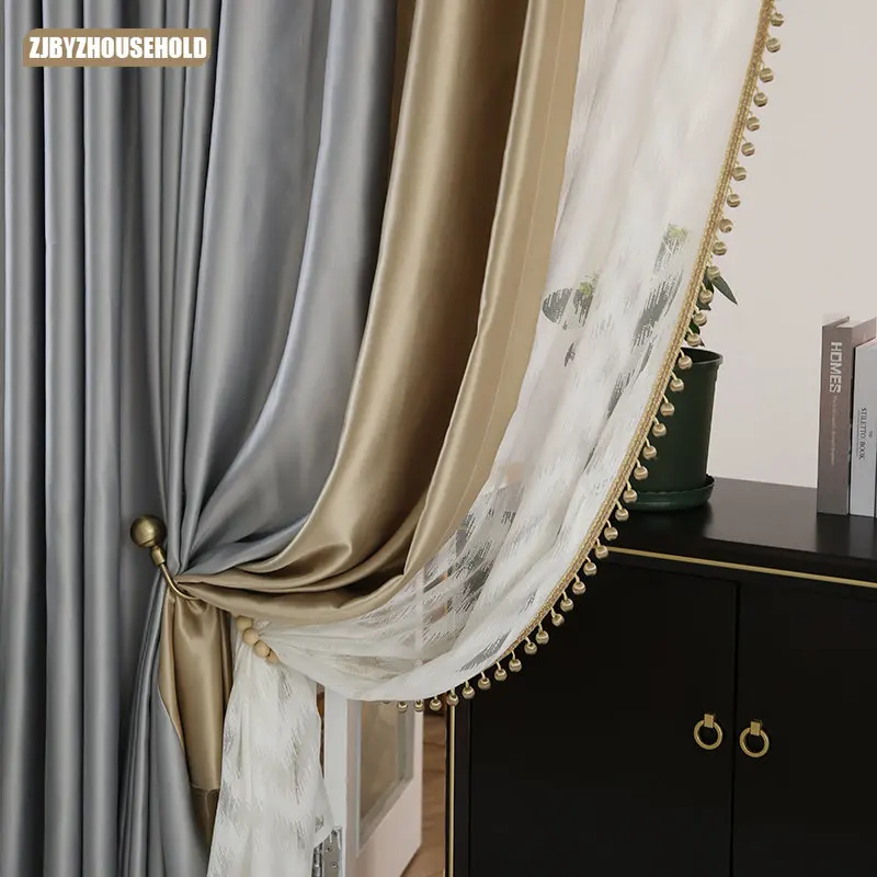 Luxury Curtains for Living Room Bedroom High-end Imitation  Cotton Windows Backdrop Curtain Modern Tulle Simple Gold Gray