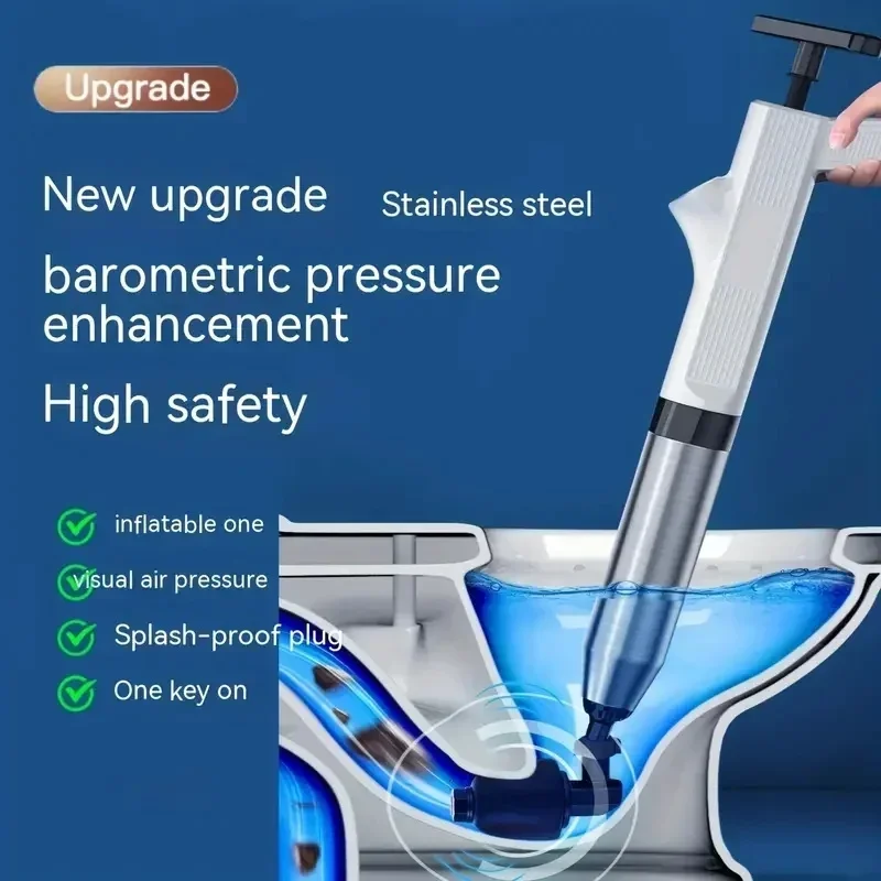Drain Blaster Pneumatic High-pressure Tool Set Stainless Steel Toilet Plunger & Pipe Dredger Unblocker Kit