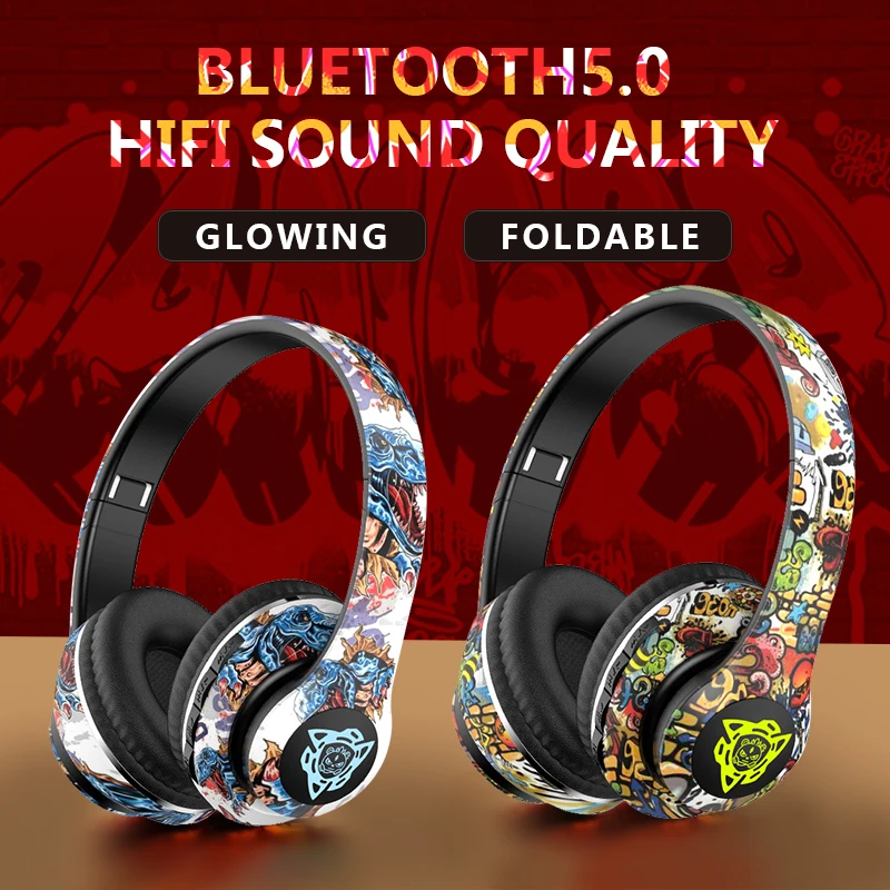 Auscultadores sem Fios Graffiti Auscultadores Bluetooth Fones de Ouvido Estéreo Dobráveis Fone de Ouvido Intra-auricular Microfone Hand Presentes de Natal - Image 4