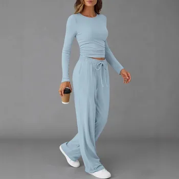 Abbigliamento da donna Moda europea americana Sport casual Autunno Inverno Tinta unita con coulisse Set di pantaloni a maniche lunghe