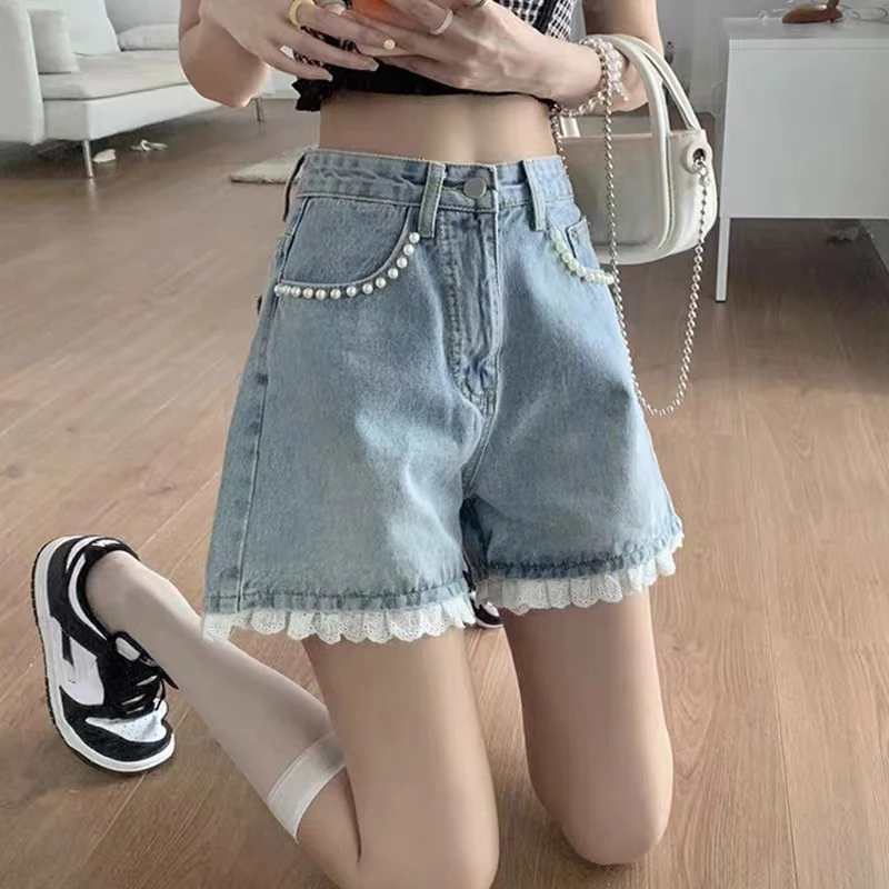 

2024 Women Summer New High Waist Casual Denim Shorts Female Loose Wide Leg Lace Shorts Ladies Streetwear A-line Short Pant K16