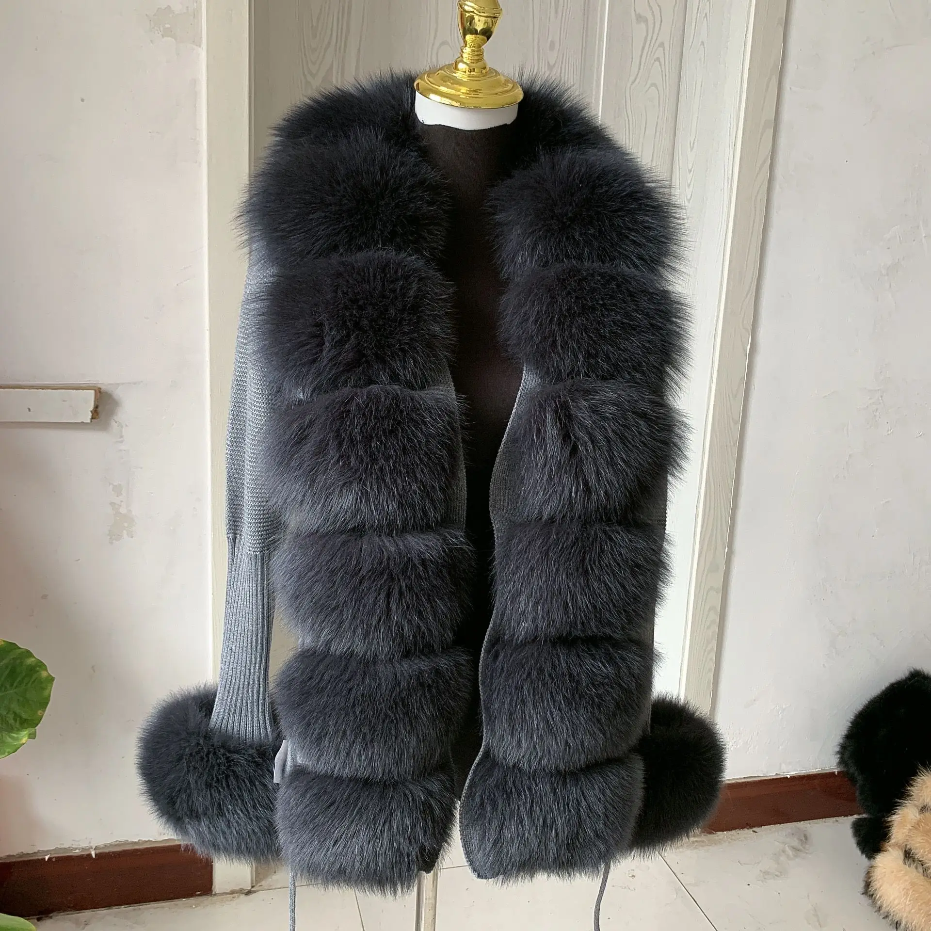 Women's spring and autumn sweater cardigan jacket with real fox fur collar real fox fur jacket natural fox fur women's jacket 6