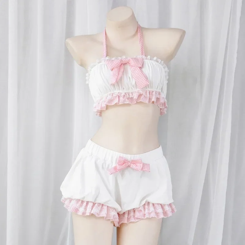 Lolita Cute Girl Ruffles Women Kawaii Maid Outfit Sweet Sexy Sleepwear Servant Cosplay Costumes Bow Lace Tops and Bloomers Set lolita cosplay costumes
