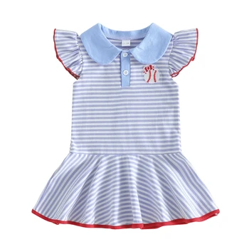 Abito a righe per bambine, estivo, alla moda, con ricamo a baseball, maniche a volant e colletto.