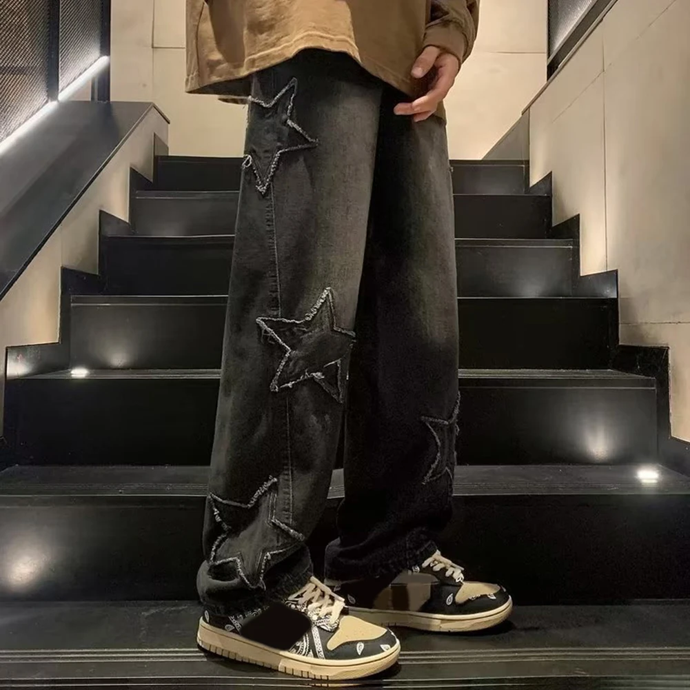 

Mens Pants Korean Streetwear Oversize Polyester Regular Slight Stretch Solid Color Star Aesthetic Straight Trousers