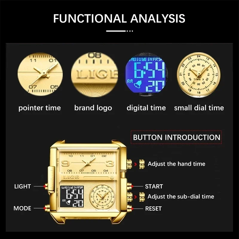 LIGE 2024 New Gold Quartz Men Watch Top Brand Luxury Sports Military Watches Men Fashion Square Waterproof Dual Display Watch
