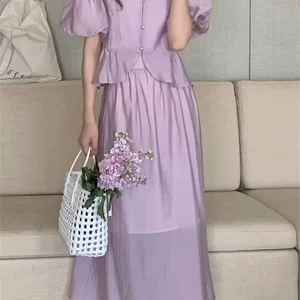 Alien Kitty Retro Romantic Purple Suits Women Summer Elegant Sweet Office Lady Shirts High Waist A-Line Slim All Match OL Skirts
