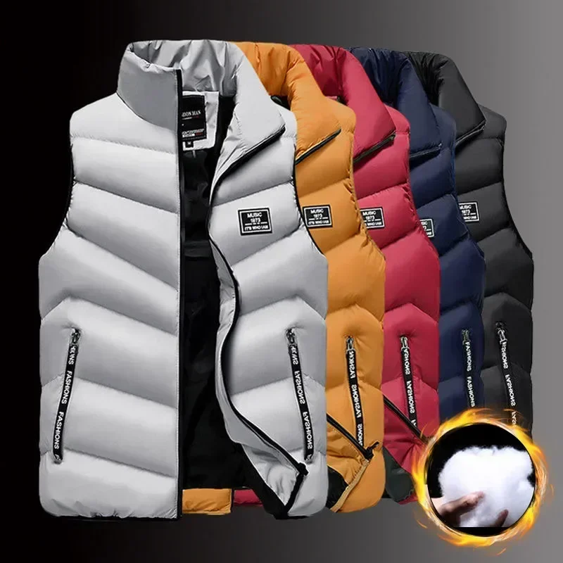Veste sans manches homme hiver chaude matelassée col montant zippée extérieur solide casual