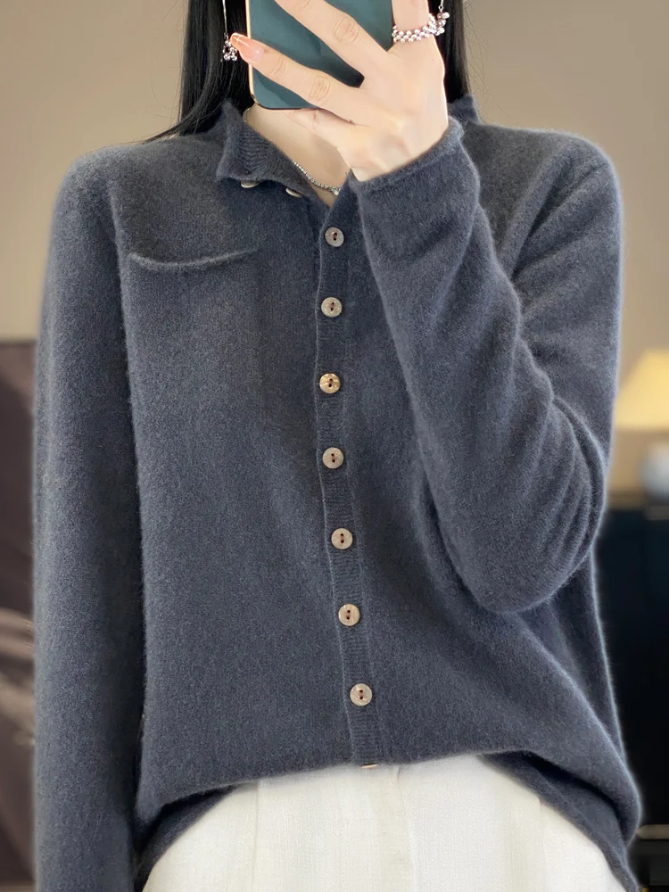 2024 New Fashion Women Sweater Spring 100% Pure Merino Wool Cardigan Ruffled-collar Jacket Female Clothing Grace Knitwear Tops 2