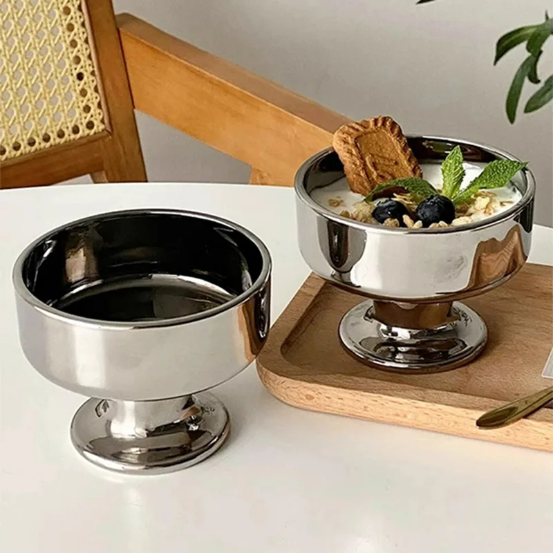 Silver Ice Cream Glasses Cups Short-legged Dessert Cup Laser Silver Glass Water Cup Antique Coffee Cups Beverage Glasses