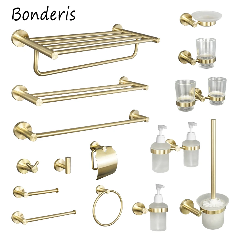 Brushed Gold Bathroom Accessories Toilet Brush Holder Paper Holder Towel Ring Bar Shelf Clothes Hook Soap Dispenser Cup Paper Towel Holder Toilet Paper Holder Towel Hook Bathroom Hardware Set Bathroom Hardware Accessories
