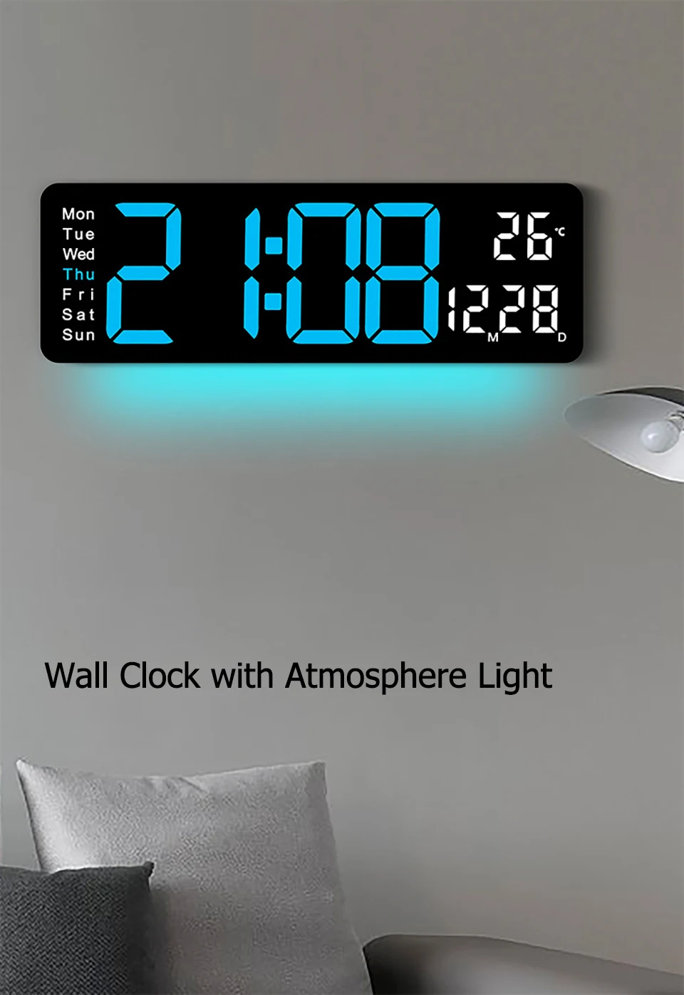Description Picture 2 of itemLarge Digital Wall Clock LED Alarm Clock Ambient Lights Temp Date Week Display with Remote Control Clock for Home Living Room