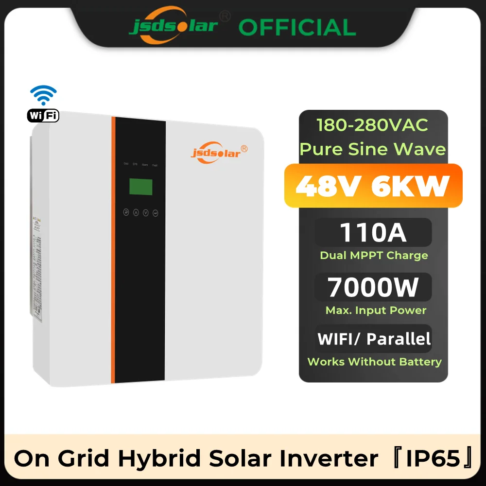 Jsdsolar-6KW 48V 온/오프 그리드 하이브리드 태양광 인버터, 자연 냉각 듀얼 MPPT 110A IP65 230V 6000W 그리드 타이 인버터 WiFi