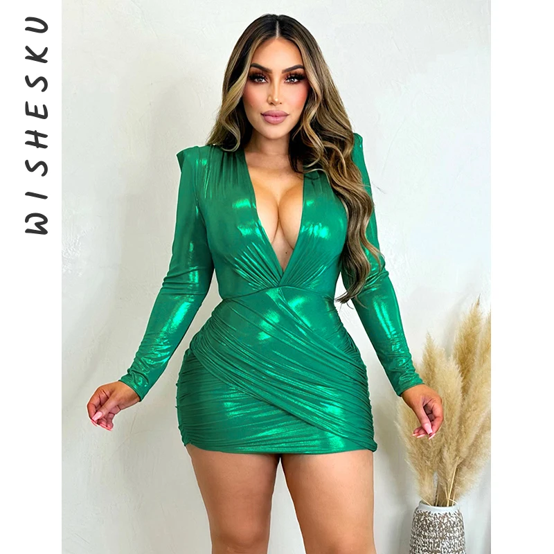 

Backless Folded Women Mini Dress Bodycon Long Sleeve Dress Fashion Deep V-neck Vestido Night Club Party Stretchy Metallic Dress