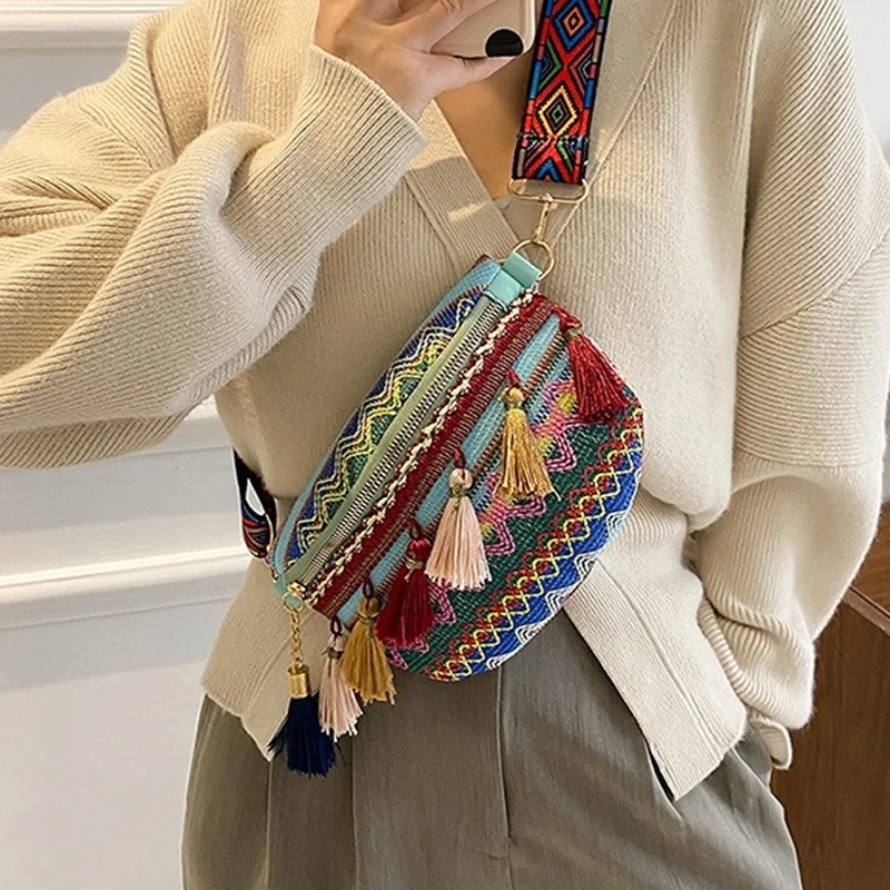 Waist Bag Women Folk Style Waist Bags Adjustable Strap Fanny Pack Fringe Decor Pochete Feminina Ri&ntilde;onera Belt