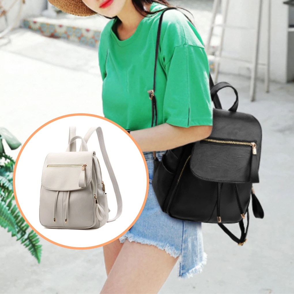 

Women PU Backpack Large Capacity Travel School Causal Tote Bag White