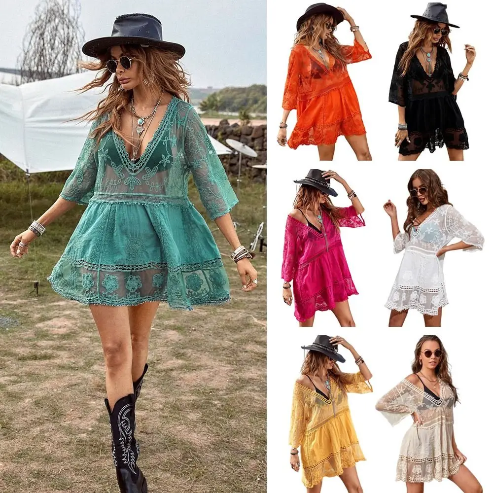 Fashion V Neck Summer Sunscreen Smock Loose Lace Swimsuit Cover Up Dress Vacation Bathing Suit Beachwear Shirt for Women 2